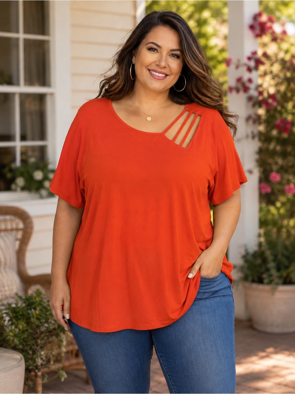 Avenue Orange Cutout Shoulder Short Sleeve Top Size 26/28